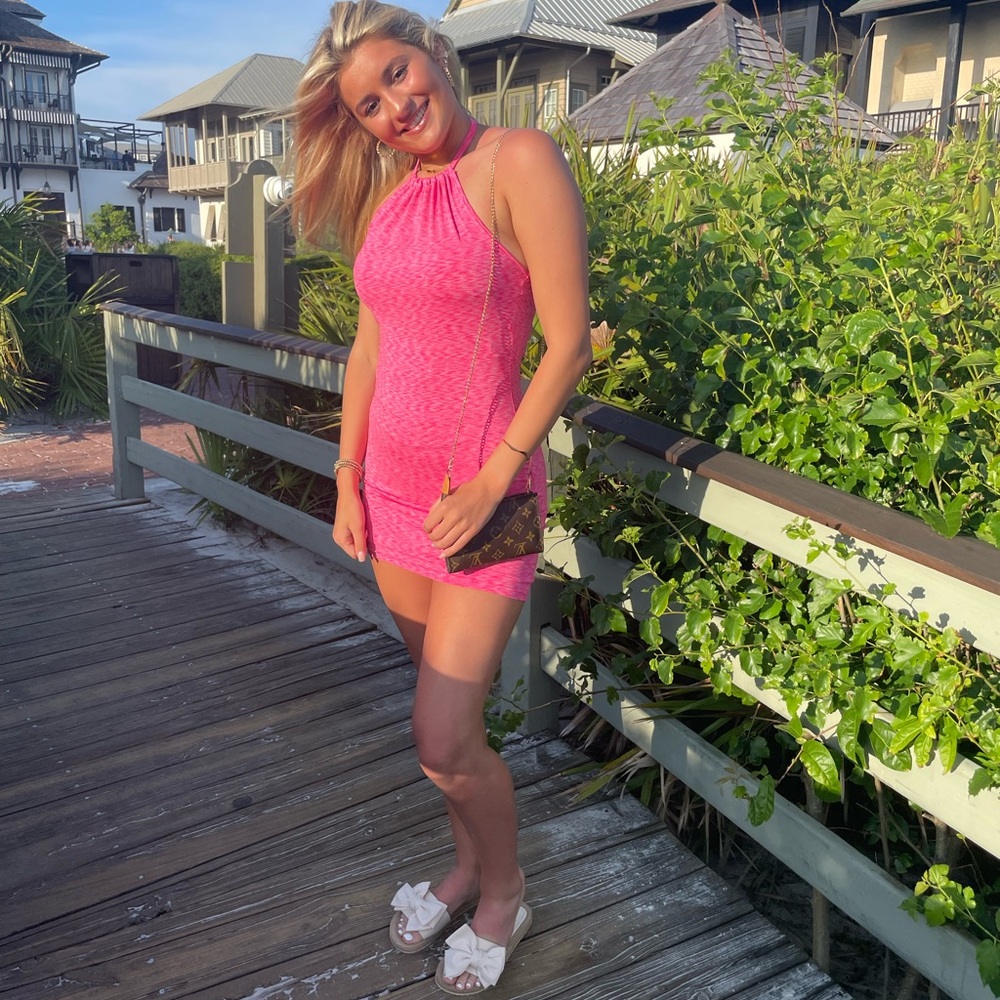Amazon Pink and Orange Ribbed Halter Bodycon Mini Dress